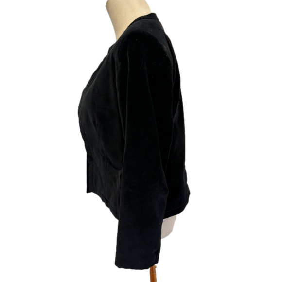 90s NEIL MARTIN BLACK VELVET BLAZER COTTON CROPPED COLLARLESS & 3/4 SLEEVES SZ 8 - Picture 3 of 9